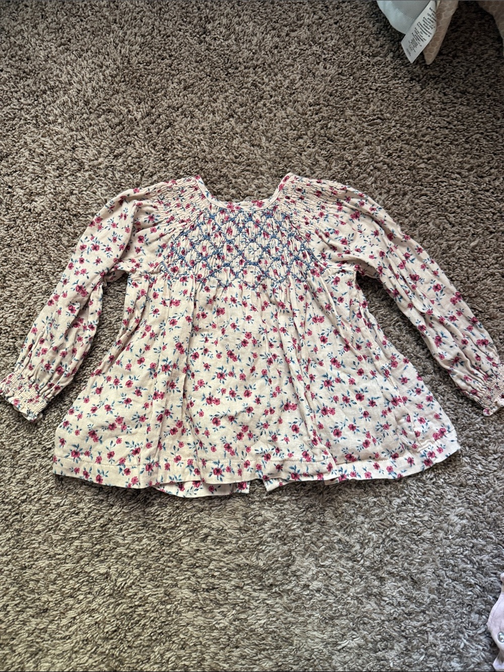 Zara Cream Floral Smocked Long-Sleeve Blouse with Pink & Blue Flowers